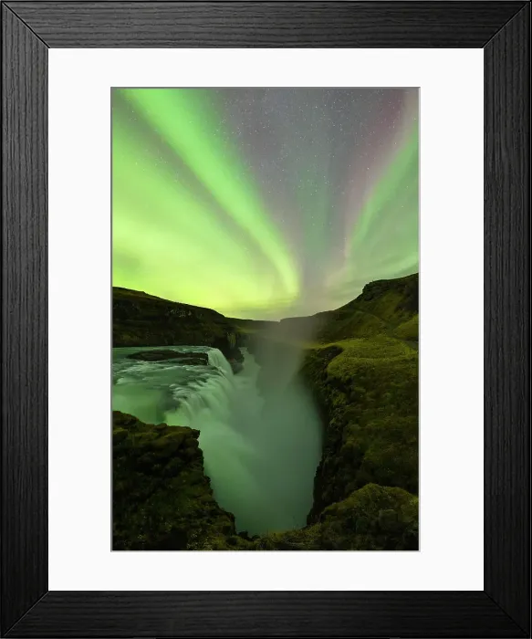 Framed Print : the Northern Lights over iconic Gullfoss waterfall during an autumn night, Iceland Framed Print : the Northern Lights over iconic Gullfoss waterfall during an autumn night, Iceland