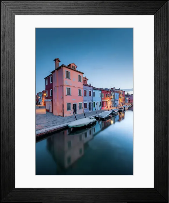 Framed Print : Fondamenta Cavanella with its boats and its colorful buildings before the dawn, Burano island, Venice, Veneto, Italy
