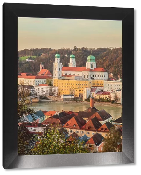 Innstadt district and the old town of Passau as seen from the hill of Mariahilfberg at dusk, Innstadt district, Passau, Lower Bavaria administrative region, Bavaria state, Germany