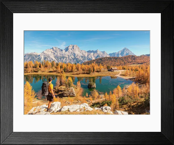 Framed Print : A mountaineer staring at Federa Lake with the Dolomite mountains in the background, Dolomites, Municipality of Cortina d'Ampezzo, Belluno province, Veneto, Italy Framed Print : A mountaineer staring at Federa Lake with the Dolomite mountains in the background, Dolomites, Municipality of Cortina d'Ampezzo, Belluno province, Veneto, Italy