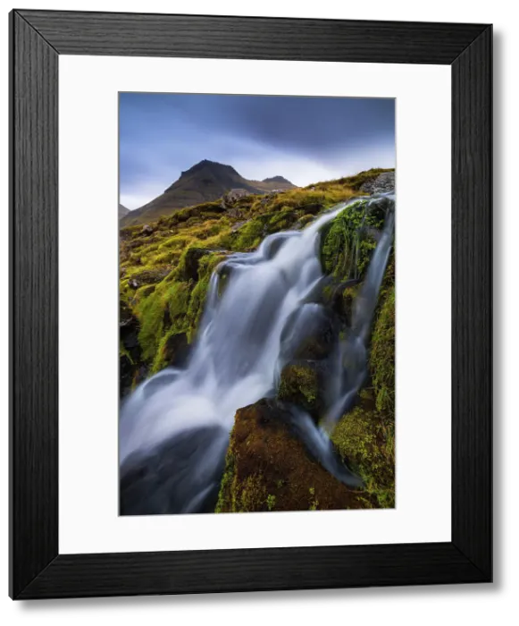 Framed Print : Husafjall mountain and waterfall near Gjogv, Sunda municipality, Eysturoy, Faroe Islands, Denmark Framed Print : Husafjall mountain and waterfall near Gjogv, Sunda municipality, Eysturoy, Faroe Islands, Denmark