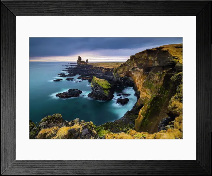 Framed Print : Londrangar basalt cliffs at sunset, Hellnar, Snaefellsnes peninsula, Vesturland region, Iceland Framed Print : Londrangar basalt cliffs at sunset, Hellnar, Snaefellsnes peninsula, Vesturland region, Iceland