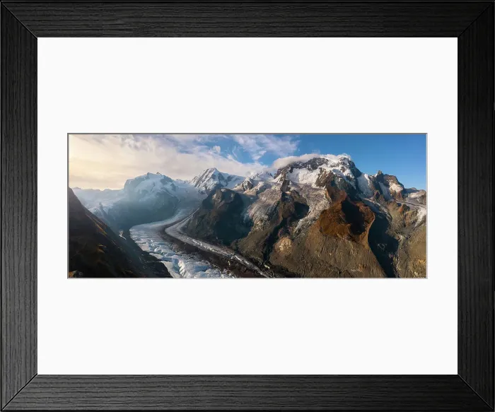 Framed Print : Aerial and Gornergrat glacier during summer, Zermatt, Canton of Valais, Visp, Switzerland Framed Print : Aerial and Gornergrat glacier during summer, Zermatt, Canton of Valais, Visp, Switzerland