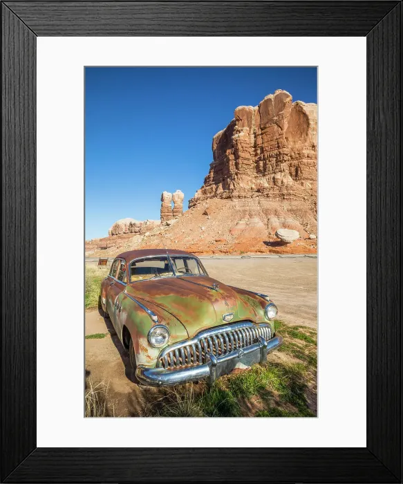 Framed Print : Classic 50's car, Twin Rocks, Cow Canyon Trading post, Bluff, Utah, USA Framed Print : Classic 50's car, Twin Rocks, Cow Canyon Trading post, Bluff, Utah, USA