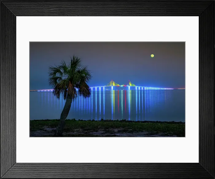 Framed Print : Florida, Saint Petersburg, Fort De Soto Park, Sunshine Skyway Bridge, Gulf Of Mexico, Full Moon
