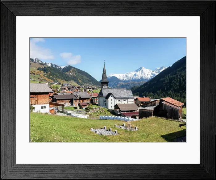 Framed Print : Little village of Tujetsch and in background Piz Muraun, Grisons Canton, Switzerland Framed Print : Little village of Tujetsch and in background Piz Muraun, Grisons Canton, Switzerland