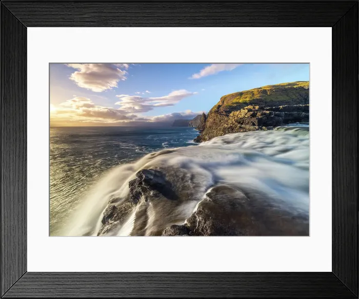 Framed Print : Bosdalafossur waterfall at sunset, Sorvagsvatn, Vagar, Faroe Islands, Denmark Framed Print : Bosdalafossur waterfall at sunset, Sorvagsvatn, Vagar, Faroe Islands, Denmark