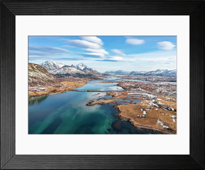 Framed Print : Overhead turquoise sea surrounding Leknes, Nordland county, Lofoten Islands, Norway Framed Print : Overhead turquoise sea surrounding Leknes, Nordland county, Lofoten Islands, Norway