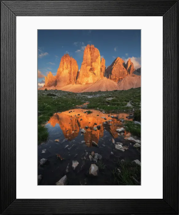 Framed Print : Tre Cime di Lavaredo reflecting in a small pond created by the rain of the previous days. Dolomites, Italy Framed Print : Tre Cime di Lavaredo reflecting in a small pond created by the rain of the previous days. Dolomites, Italy