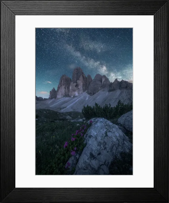 Framed Print : The milky way rising above the Tre Cime di Lavaredo on a clear summer night. Dolomites, Italy Framed Print : The milky way rising above the Tre Cime di Lavaredo on a clear summer night. Dolomites, Italy