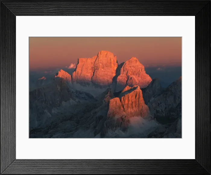 Framed Print : Mt. Pelmo capturing the last light of the day, seen from the Lagazuoi Hut on a summer evening. Dolomites, Italy Framed Print : Mt. Pelmo capturing the last light of the day, seen from the Lagazuoi Hut on a summer evening. Dolomites, Italy