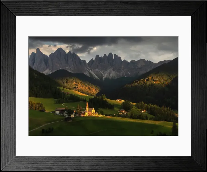 Framed Print : The classic view of the Santa Magdalena church during a summer sunset, with the Odle rising tall in the background. Dolomites, Italy Framed Print : The classic view of the Santa Magdalena church during a summer sunset, with the Odle rising tall in the background. Dolomites, Italy