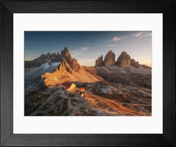 Framed Print : An early autumn sunset over the Locatelli Hut, Monte Paterno and Tre Cime di Lavaredo, Dolomites, Italy Framed Print : An early autumn sunset over the Locatelli Hut, Monte Paterno and Tre Cime di Lavaredo, Dolomites, Italy