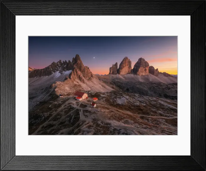 Framed Print : An early autumn sunset over the Locatelli Hut, Monte Paterno and Tre Cime di Lavaredo, Dolomites, Italy Framed Print : An early autumn sunset over the Locatelli Hut, Monte Paterno and Tre Cime di Lavaredo, Dolomites, Italy