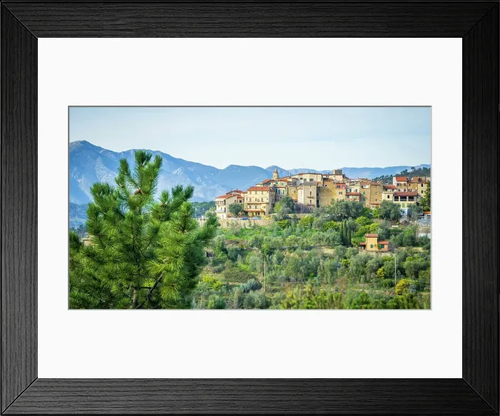 Framed Print : Europe, Italy, Liguria. The little village of Seborga in the hills above Bordighera seen from the footpath Framed Print : Europe, Italy, Liguria. The little village of Seborga in the hills above Bordighera seen from the footpath