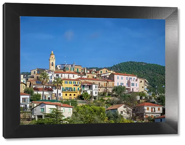 Europe, Italy, Liguria. The little village of Seborga in the hills above Bordighera seen from the footpath