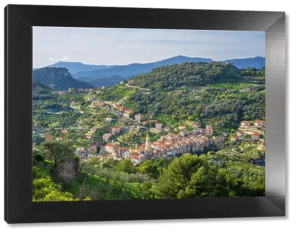 Europe, Italy, Liguria. The little village of Vallebona in the hills above Bordighera seen from the footpath