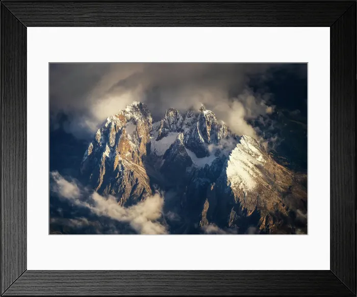 Framed Print : Aerial view of Sassolungo (Langkofel) mountain group, Dolomites, Trentino Alto Adige - South Tyrol, Italy