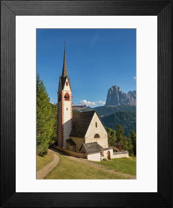 Framed Print : St. Jacob Church with Sassolungo Mountain in the Background, Ortisei - St. Ulrich, Trentino Alto Adige, Dolomites, Italy