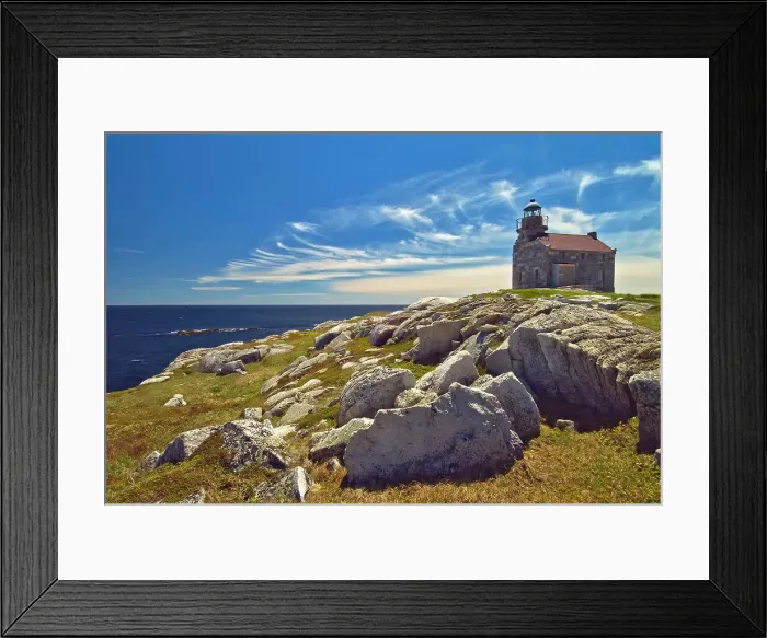 Framed Print : Rose Blanche Lightouse. Rocky shoreline along the Atlantic Coast with old granite lighthouse Rose Blanche Newfoundland Canada