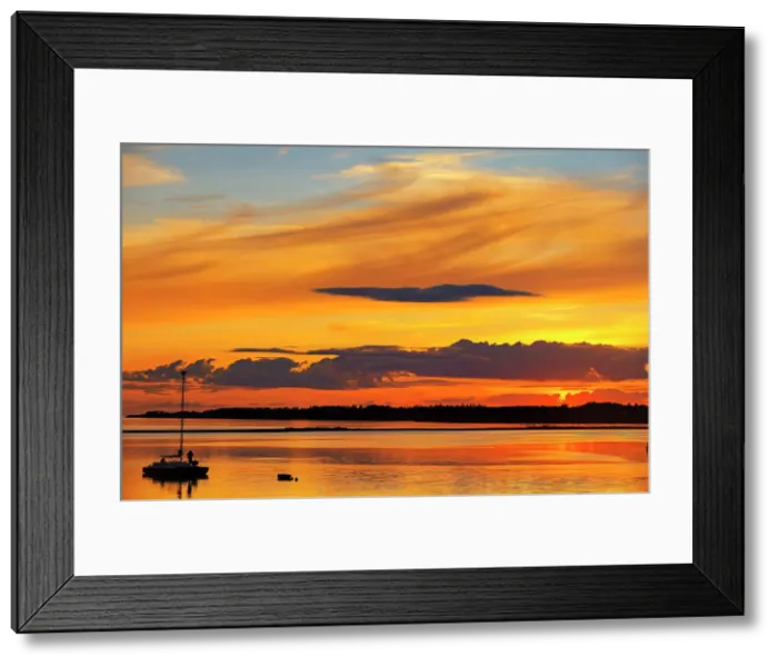 Framed Print : Sailboat at sunset in Strait of Northumberland Wood Islands, Prince Edward Island, Canada