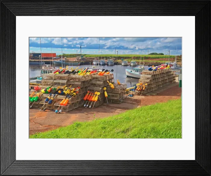 Framed Print : Lobster traps and buoys in coastal village Sea Cow Pond, Prince Edward Island, Canada