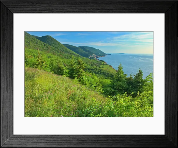 Framed Print : Rocky shoreline along the Cabot Strait (Atlantic Ocean). Cabot Trail. Cape Breton Island. Appalachain Mountains chain. Cape Breton Highlands National Park, Nova Scotia, Canada