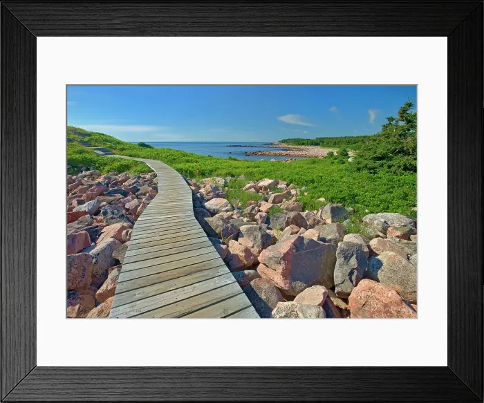 Framed Print : Wooden walkway along the at Green Cove Trail through the rocky shoreline along the Cabot Strait (Atlantic Ocean). Cabot Trail. Cape Breton Island. Cape Breton Highlands National Park, Nova Scotia, Canada Framed Print : Wooden walkway along the at Green Cove Trail through the rocky shoreline along the Cabot Strait (Atlantic Ocean). Cabot Trail. Cape Breton Island. Cape Breton Highlands National Park, Nova Scotia, Canada