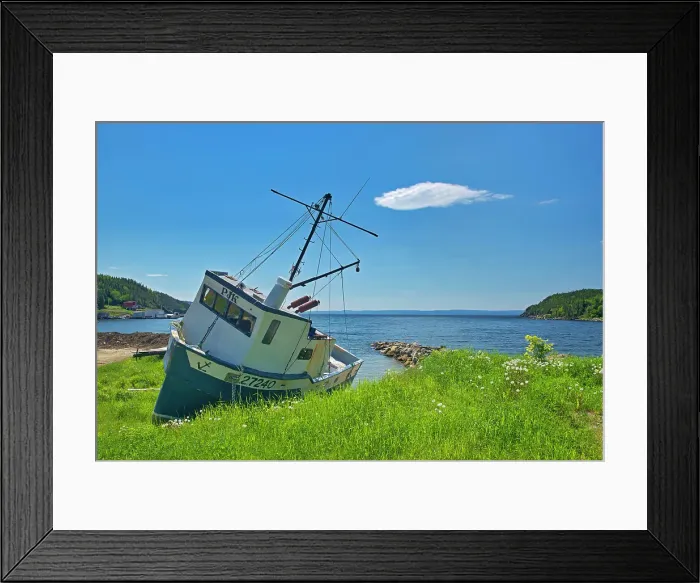 Framed Print : Fishing boat along the shoreline of White Bay. Baie Verte Peninsula. Newfoundland & Labrador, Canada