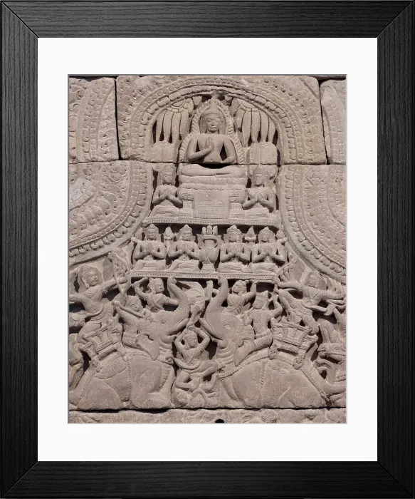 Framed Print : Cambodia, detail of a Khmer carving from Angkor Wat showing a seated buddha in the Vitarka Mudra (hand gesture of teaching the dharma, or Buddhist law). Elephants and warriors below