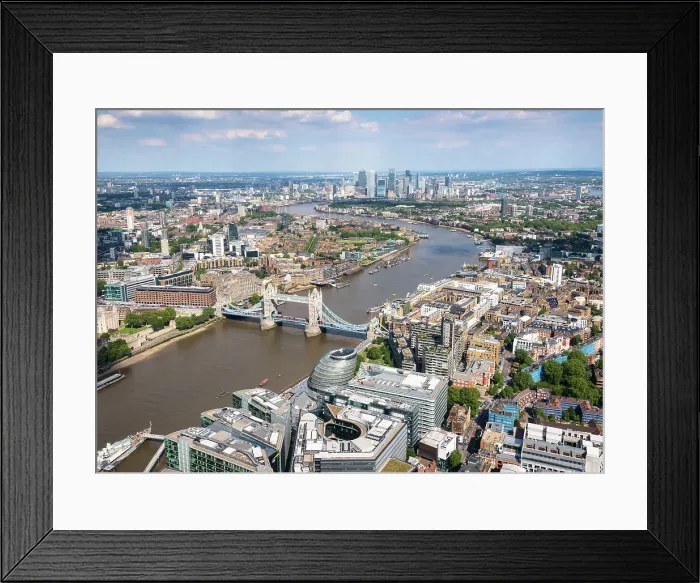 Framed Print : The aerial view of London towards Tower Bridge and Canary Wharf, London, England Framed Print : The aerial view of London towards Tower Bridge and Canary Wharf, London, England