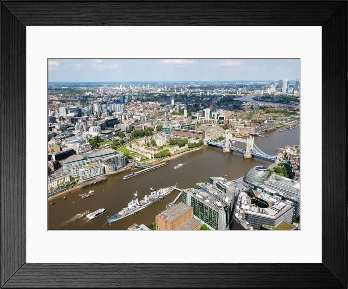 Framed Print : The aerial view of London towards Tower of London and Tower Bridge, London, England Framed Print : The aerial view of London towards Tower of London and Tower Bridge, London, England