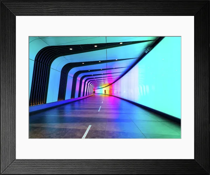 Framed Print : The light tunnel, or the Kings Cross tunnel, connecting St Pancras International and King's Cross stations and Granary Square, London, England Framed Print : The light tunnel, or the Kings Cross tunnel, connecting St Pancras International and King's Cross stations and Granary Square, London, England