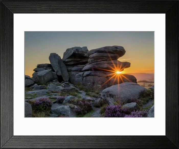 Framed Print : Sunburst through Millstone Edge, Peak District National Park, Derbyshire, England Framed Print : Sunburst through Millstone Edge, Peak District National Park, Derbyshire, England