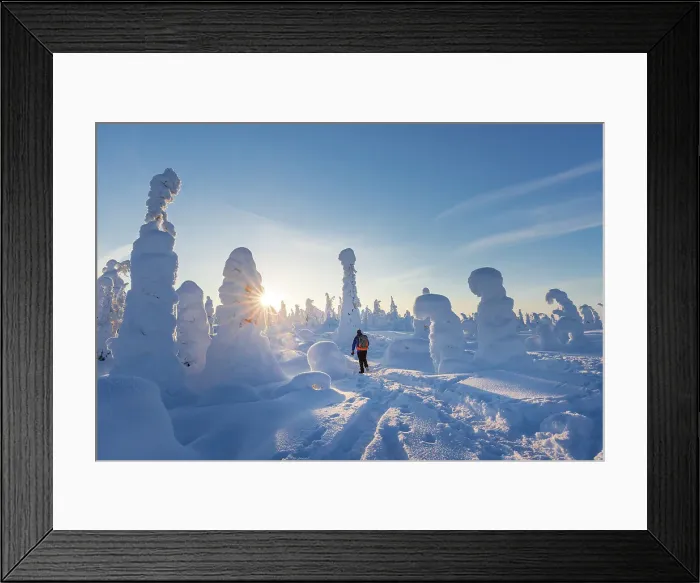 Framed Print : Europe, Finland, tourists hiking to the top of a hill covered with snow at Riisitunturi National Park in finnish Lapland. MR Framed Print : Europe, Finland, tourists hiking to the top of a hill covered with snow at Riisitunturi National Park in finnish Lapland. MR