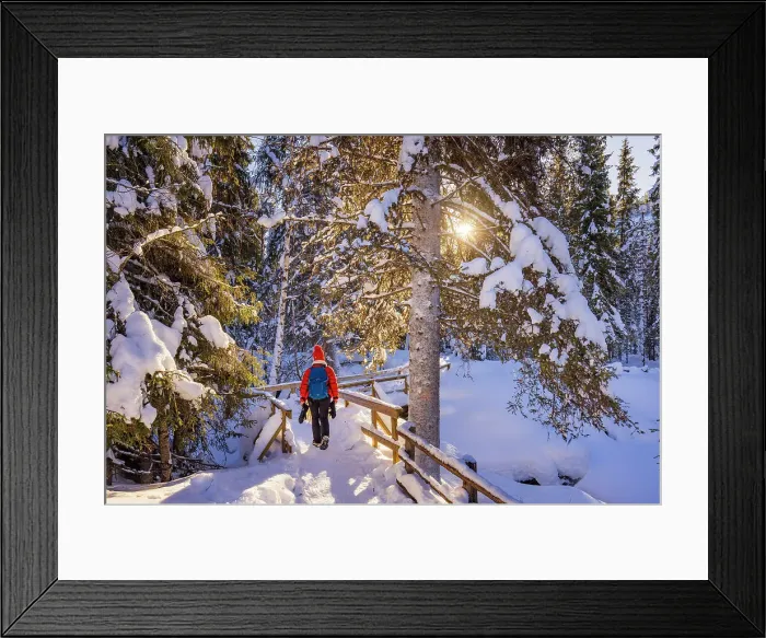 Framed Print : Europe, Finland, a tourist wearing red clothes visiting Korouoma canyon MR Framed Print : Europe, Finland, a tourist wearing red clothes visiting Korouoma canyon MR