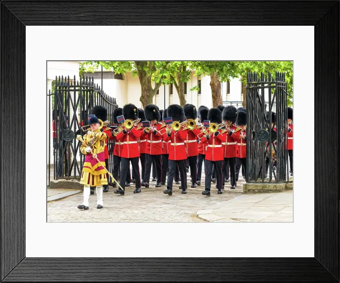 Framed Print : Band of the Welsh Guards leaving Wellington Barracks during Trooping the Colour, London, England Framed Print : Band of the Welsh Guards leaving Wellington Barracks during Trooping the Colour, London, England