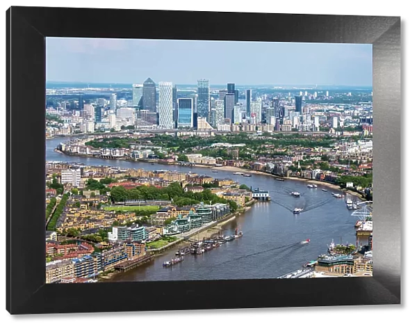 The aerial view of London towards Canary Wharf, London, England