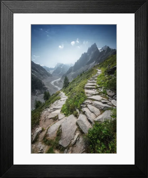 Framed Print : A rocky trail goes up in the mountains from the famous Mer de Glace above Chamonix. French Alps Framed Print : A rocky trail goes up in the mountains from the famous Mer de Glace above Chamonix. French Alps