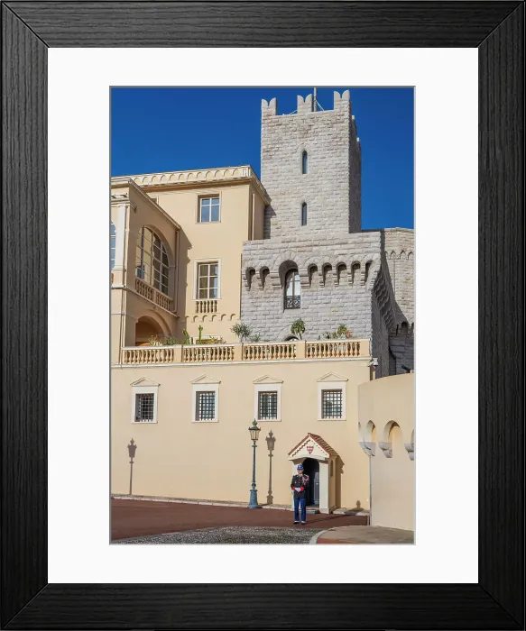 Framed Print : Europe, Principality of Monaco. A part of the prince's palace with a guard