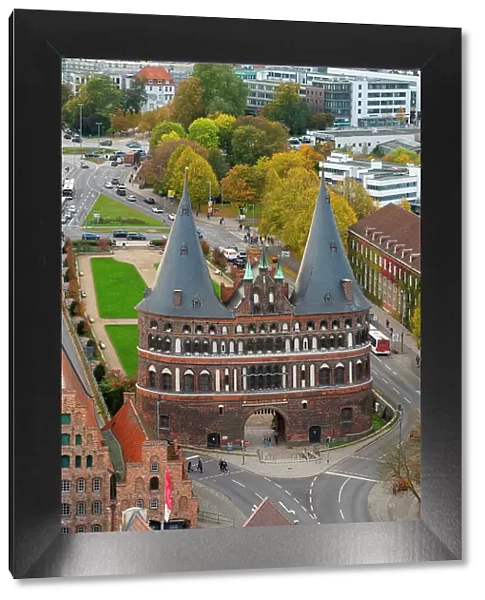 Elevated view of tourists at famous Holstentor, Lubeck, UNESCO, Schleswig-Holstein, Germany
