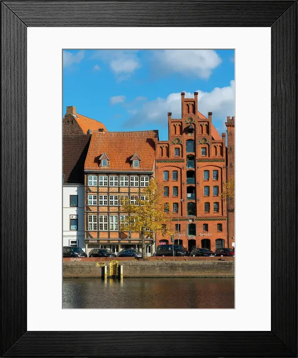 Framed Print : Houses on riverfront of Trave river, Lubeck, UNESCO, Schleswig-Holstein, Germany