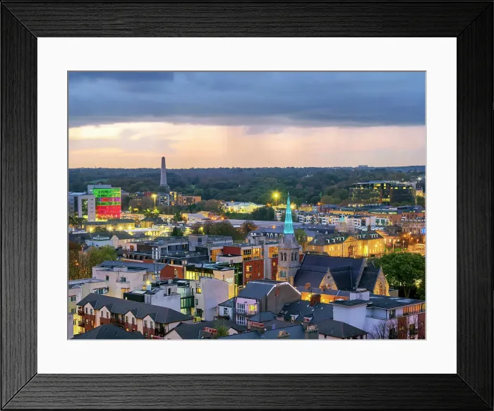 Framed Print : Cityscape towards Phoenix Park seen from Gravity Bar at dusk, Guinness Storehouse, Dublin, Ireland Framed Print : Cityscape towards Phoenix Park seen from Gravity Bar at dusk, Guinness Storehouse, Dublin, Ireland