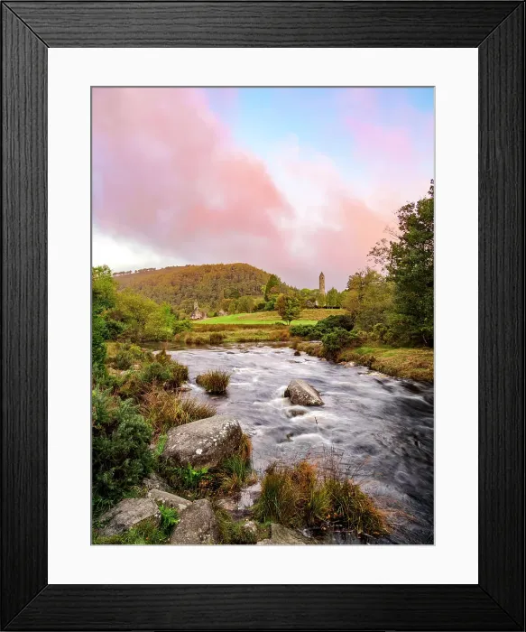 Framed Print : View over Glendasan River towards St. Kevin's Church and The Round Tower at sunrise, Early Medieval Monastic Settlement, Glendalough, County Wicklow, Ireland Framed Print : View over Glendasan River towards St. Kevin's Church and The Round Tower at sunrise, Early Medieval Monastic Settlement, Glendalough, County Wicklow, Ireland