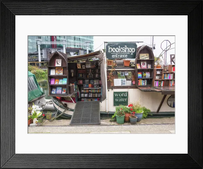 Framed Print : Word on the Water - a bookstore on a canal barge, Regents Canal, London, England Framed Print : Word on the Water - a bookstore on a canal barge, Regents Canal, London, England