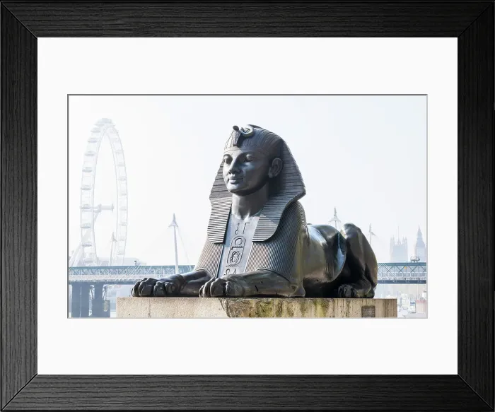 Framed Print : Bronze Egyptian sphinx statue on the Thames embankment, with The London Eye, Golden Jubilee Bridge and Big Ben in the background, London, England Framed Print : Bronze Egyptian sphinx statue on the Thames embankment, with The London Eye, Golden Jubilee Bridge and Big Ben in the background, London, England
