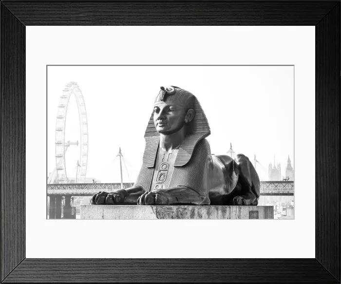 Framed Print : Bronze Egyptian sphinx statue on the Thames embankment, with The London Eye, Golden Jubilee Bridge and Big Ben in the background, London, England Framed Print : Bronze Egyptian sphinx statue on the Thames embankment, with The London Eye, Golden Jubilee Bridge and Big Ben in the background, London, England