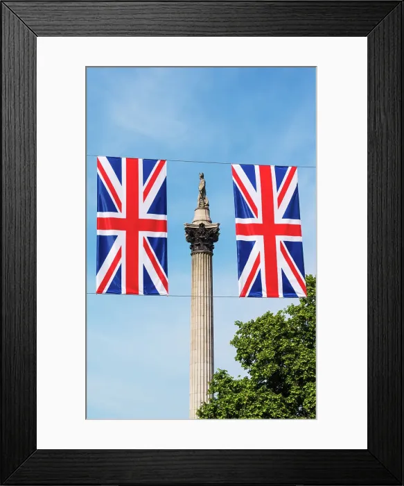 Framed Print : Union flags and Nelsons Column, Trafalgar Square, London, England Framed Print : Union flags and Nelsons Column, Trafalgar Square, London, England