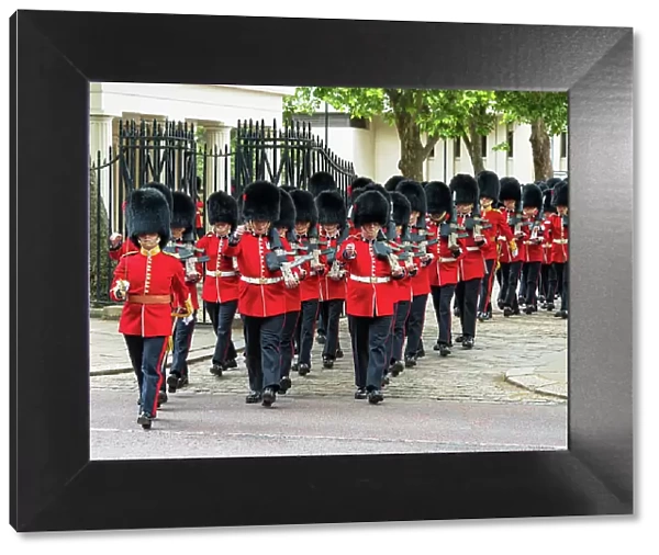 Coldstream Guards leaving Wellington Barracks during Trooping the Colour, London, England