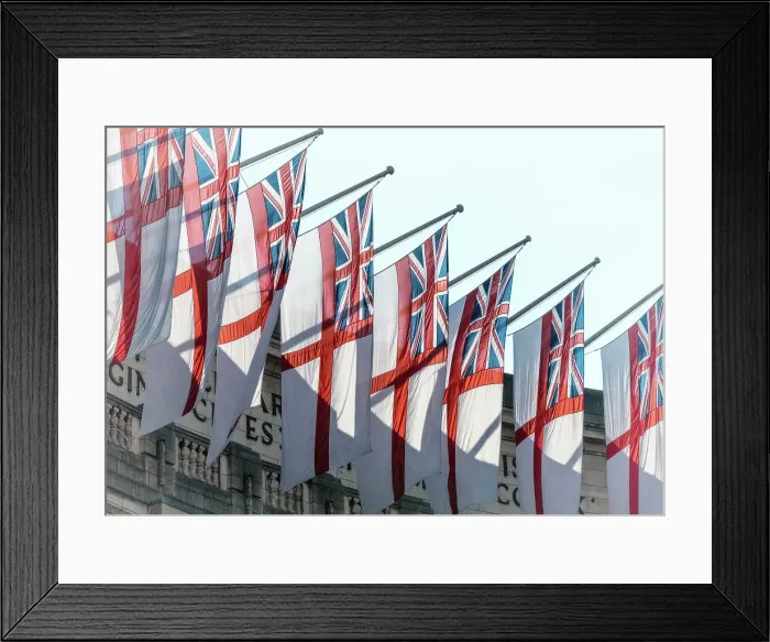 Framed Print : White Ensigns decorating the Admiralty Arch during Trooping the Colour celebrations, marking the Queen official birthday and her 70-year Jubilee, London, England